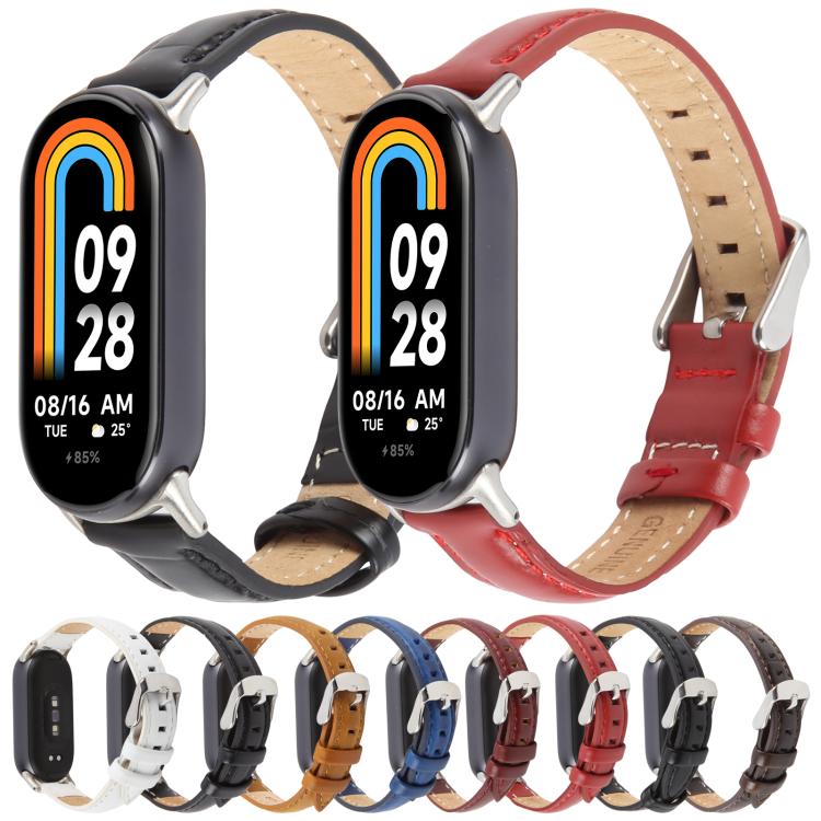 For Xiaomi Smart Band 9 / 8 Silver Metal Connector Genuine Leather Watch Band(Wine Red)
