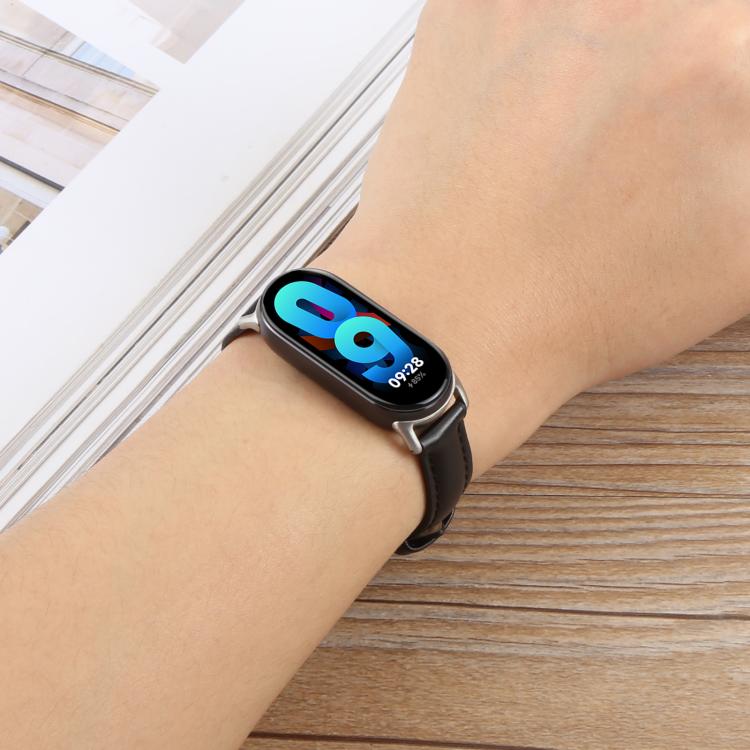For Xiaomi Smart Band 9 / 8 Silver Metal Connector Genuine Leather Watch Band(Blue)