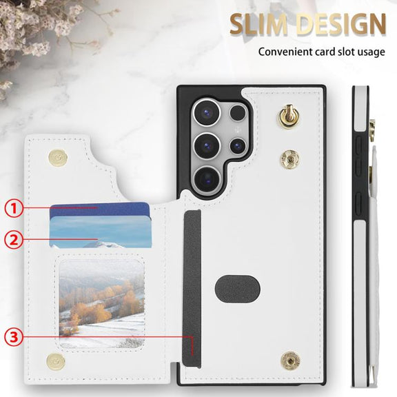 For Samsung Galaxy S25 Ultra 5G Rhombic Dual Buckle Card Slots Phone Case with Lanyard(White)