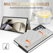 For Samsung Galaxy S25 Ultra 5G Rhombic Dual Buckle Card Slots Phone Case with Lanyard(White)