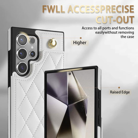 For Samsung Galaxy S25 Ultra 5G Rhombic Dual Buckle Card Slots Phone Case with Lanyard(White)