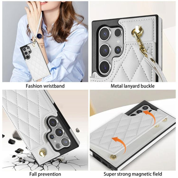 For Samsung Galaxy S25 Ultra 5G Rhombic Dual Buckle Card Slots Phone Case with Lanyard(White)