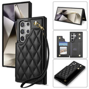 For Samsung Galaxy S25 Ultra 5G Rhombic Dual Buckle Card Slots Phone Case with Lanyard(Black)