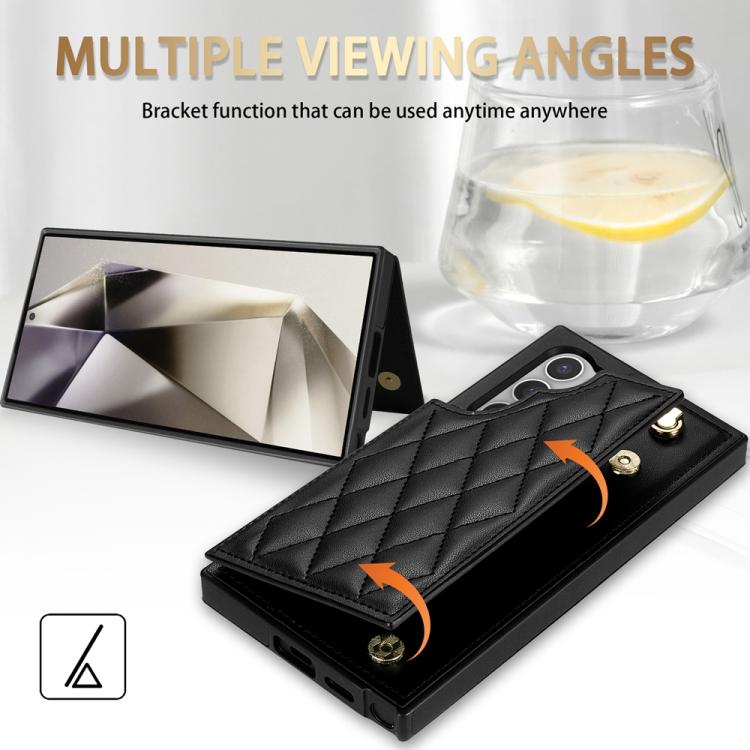 For Samsung Galaxy S25 Ultra 5G Rhombic Dual Buckle Card Slots Phone Case with Lanyard(Black) - Galaxy S25 Ultra 5G Cases by PMC Jewellery | Online Shopping South Africa | PMC Jewellery | Buy Now Pay Later Mobicred