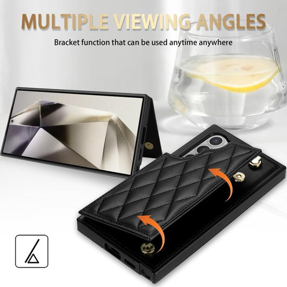 For Samsung Galaxy S25 Ultra 5G Rhombic Dual Buckle Card Slots Phone Case with Lanyard(Black)