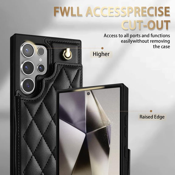 For Samsung Galaxy S25 Ultra 5G Rhombic Dual Buckle Card Slots Phone Case with Lanyard(Black)