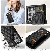 For Samsung Galaxy S25 Ultra 5G Rhombic Dual Buckle Card Slots Phone Case with Lanyard(Black)