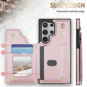 For Samsung Galaxy S25 Ultra 5G Rhombic Dual Buckle Card Slots Phone Case with Lanyard(Rose Gold)