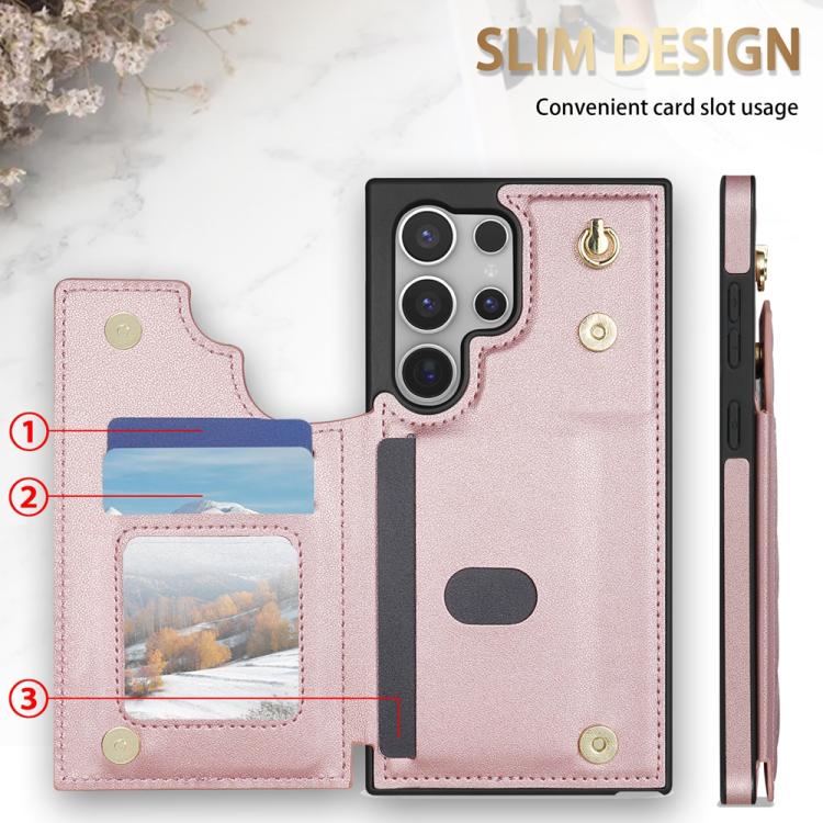 For Samsung Galaxy S25 Ultra 5G Rhombic Dual Buckle Card Slots Phone Case with Lanyard(Rose Gold)