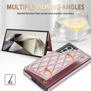 For Samsung Galaxy S25 Ultra 5G Rhombic Dual Buckle Card Slots Phone Case with Lanyard(Rose Gold)