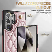For Samsung Galaxy S25 Ultra 5G Rhombic Dual Buckle Card Slots Phone Case with Lanyard(Rose Gold)