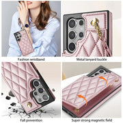 For Samsung Galaxy S25 Ultra 5G Rhombic Dual Buckle Card Slots Phone Case with Lanyard(Rose Gold)