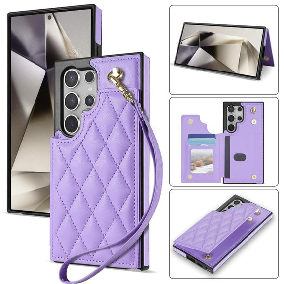 For Samsung Galaxy S25 Ultra 5G Rhombic Dual Buckle Card Slots Phone Case with Lanyard(Purple)