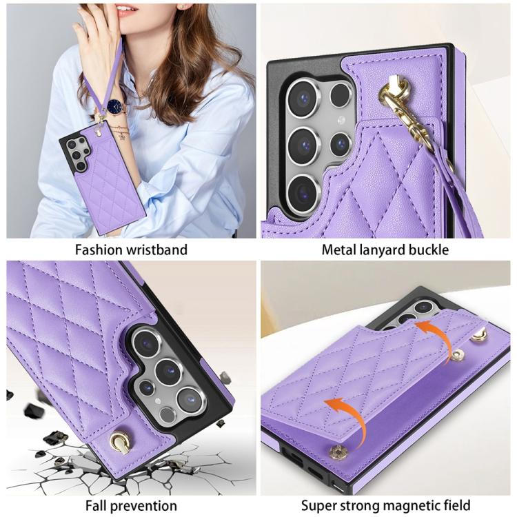 For Samsung Galaxy S25 Ultra 5G Rhombic Dual Buckle Card Slots Phone Case with Lanyard(Purple)