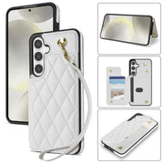 For Samsung Galaxy S25+ 5G Rhombic Dual Buckle Card Slots Phone Case with Lanyard(White)
