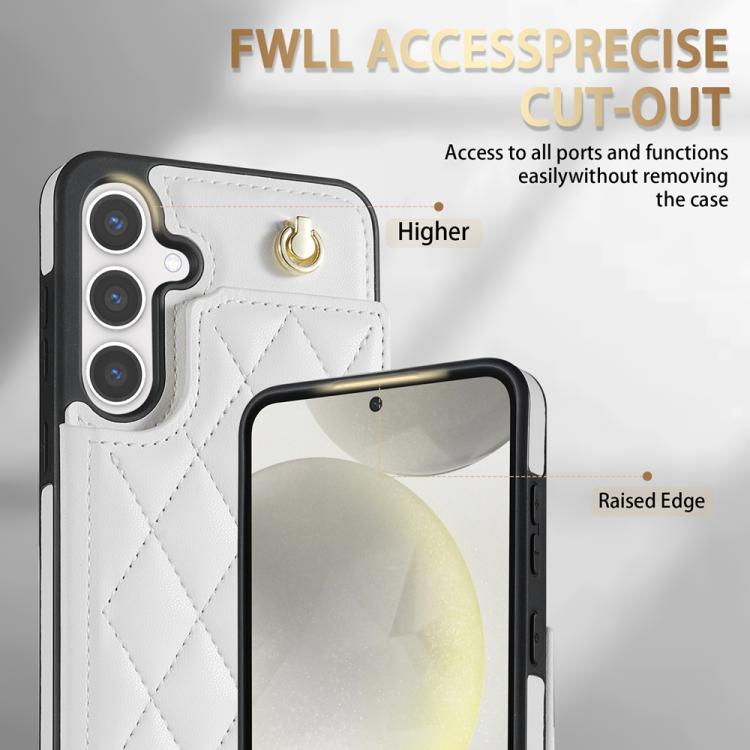For Samsung Galaxy S25+ 5G Rhombic Dual Buckle Card Slots Phone Case with Lanyard(White)