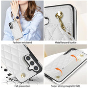 For Samsung Galaxy S25+ 5G Rhombic Dual Buckle Card Slots Phone Case with Lanyard(White)