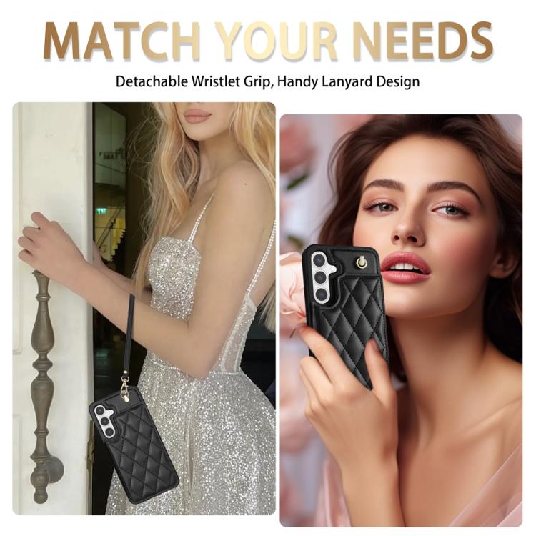 For Samsung Galaxy S25+ 5G Rhombic Dual Buckle Card Slots Phone Case with Lanyard(Black) - Galaxy S25+ 5G Cases by PMC Jewellery | Online Shopping South Africa | PMC Jewellery | Buy Now Pay Later Mobicred
