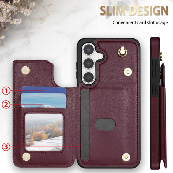 For Samsung Galaxy S25+ 5G Rhombic Dual Buckle Card Slots Phone Case with Lanyard(Wine Red)