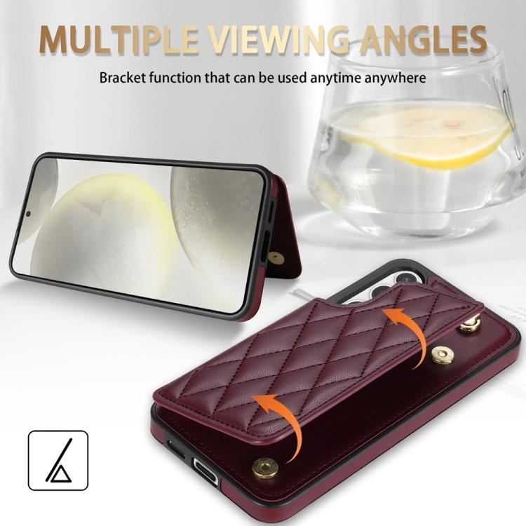 For Samsung Galaxy S25+ 5G Rhombic Dual Buckle Card Slots Phone Case with Lanyard(Wine Red)