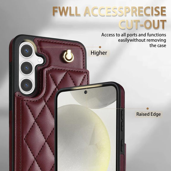 For Samsung Galaxy S25+ 5G Rhombic Dual Buckle Card Slots Phone Case with Lanyard(Wine Red)
