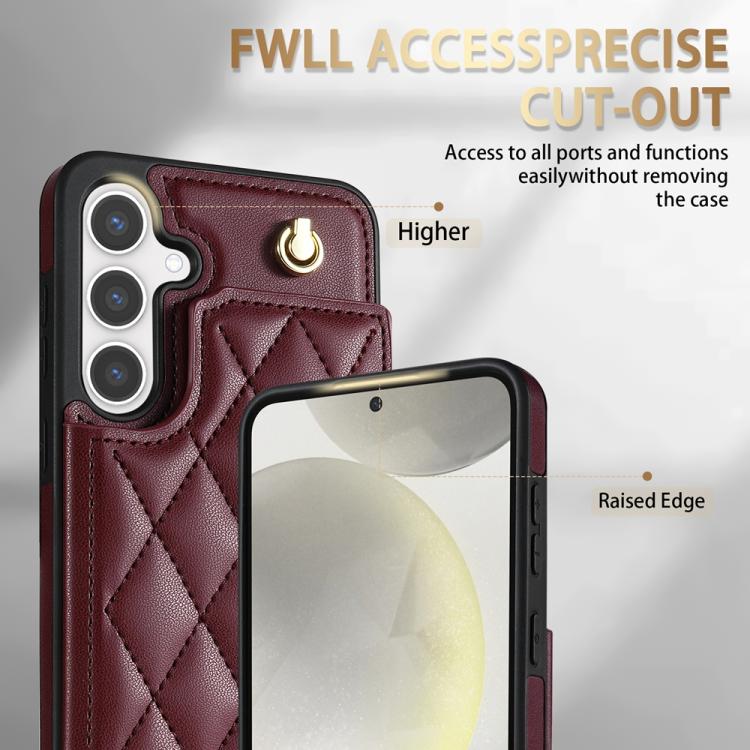 For Samsung Galaxy S25+ 5G Rhombic Dual Buckle Card Slots Phone Case with Lanyard(Wine Red)
