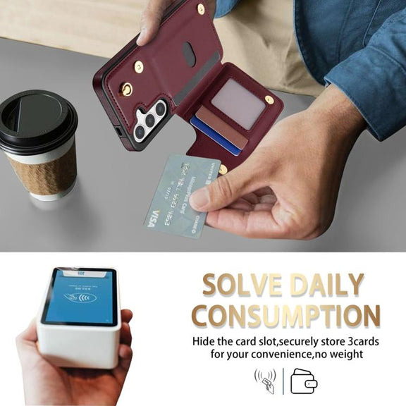 For Samsung Galaxy S25+ 5G Rhombic Dual Buckle Card Slots Phone Case with Lanyard(Wine Red)