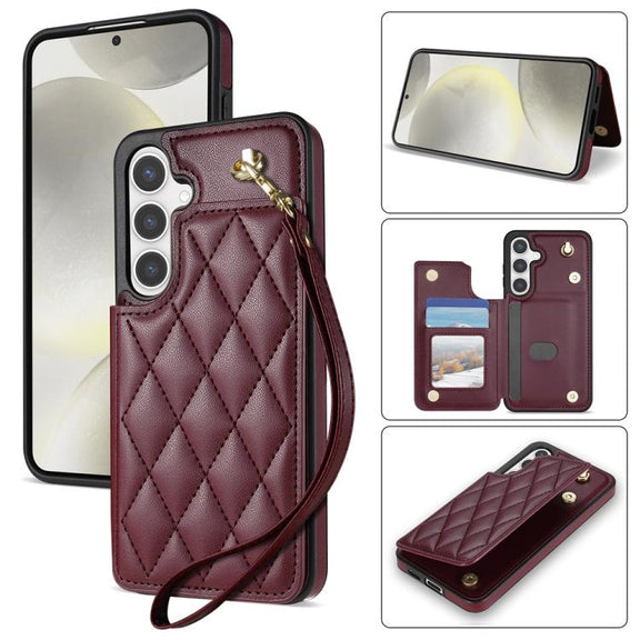 For Samsung Galaxy S25+ 5G Rhombic Dual Buckle Card Slots Phone Case with Lanyard(Wine Red)