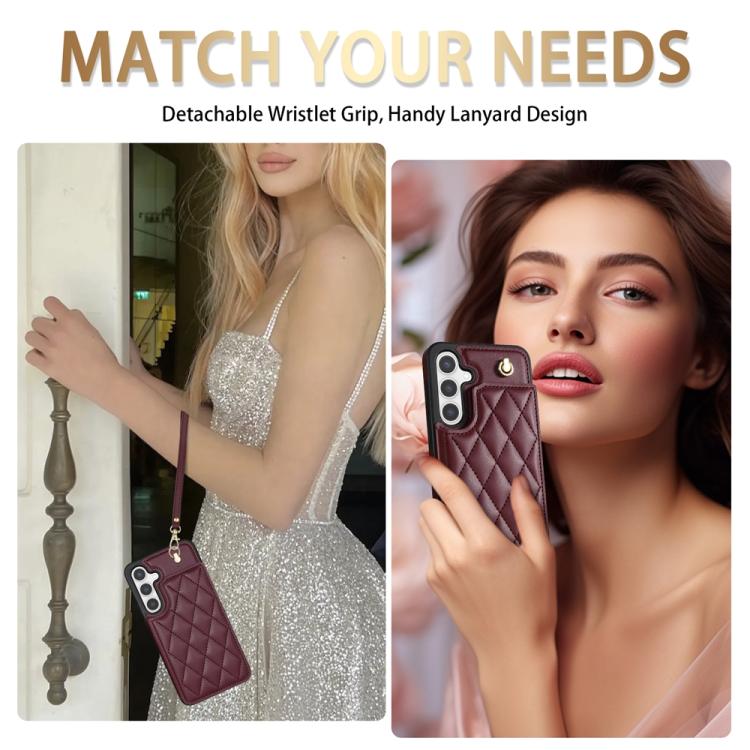 For Samsung Galaxy S25+ 5G Rhombic Dual Buckle Card Slots Phone Case with Lanyard(Wine Red) - Galaxy S25+ 5G Cases by PMC Jewellery | Online Shopping South Africa | PMC Jewellery | Buy Now Pay Later Mobicred