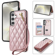 For Samsung Galaxy S25+ 5G Rhombic Dual Buckle Card Slots Phone Case with Lanyard(Rose Gold)