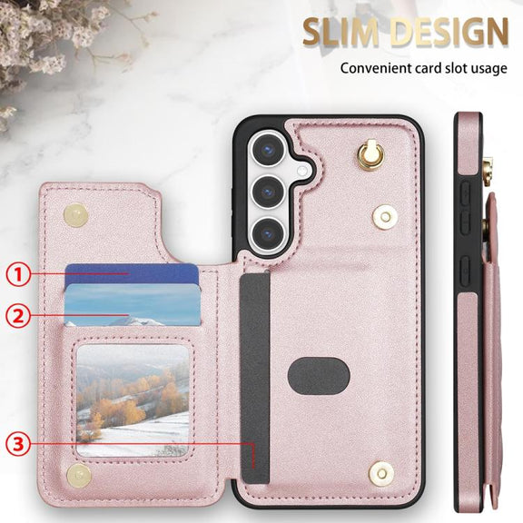 For Samsung Galaxy S25+ 5G Rhombic Dual Buckle Card Slots Phone Case with Lanyard(Rose Gold)