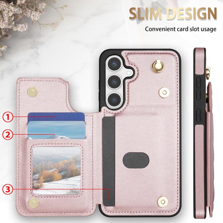 For Samsung Galaxy S25+ 5G Rhombic Dual Buckle Card Slots Phone Case with Lanyard(Rose Gold)