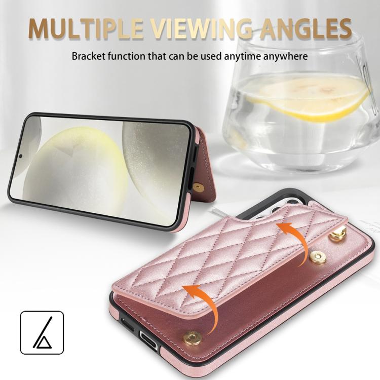 For Samsung Galaxy S25+ 5G Rhombic Dual Buckle Card Slots Phone Case with Lanyard(Rose Gold)