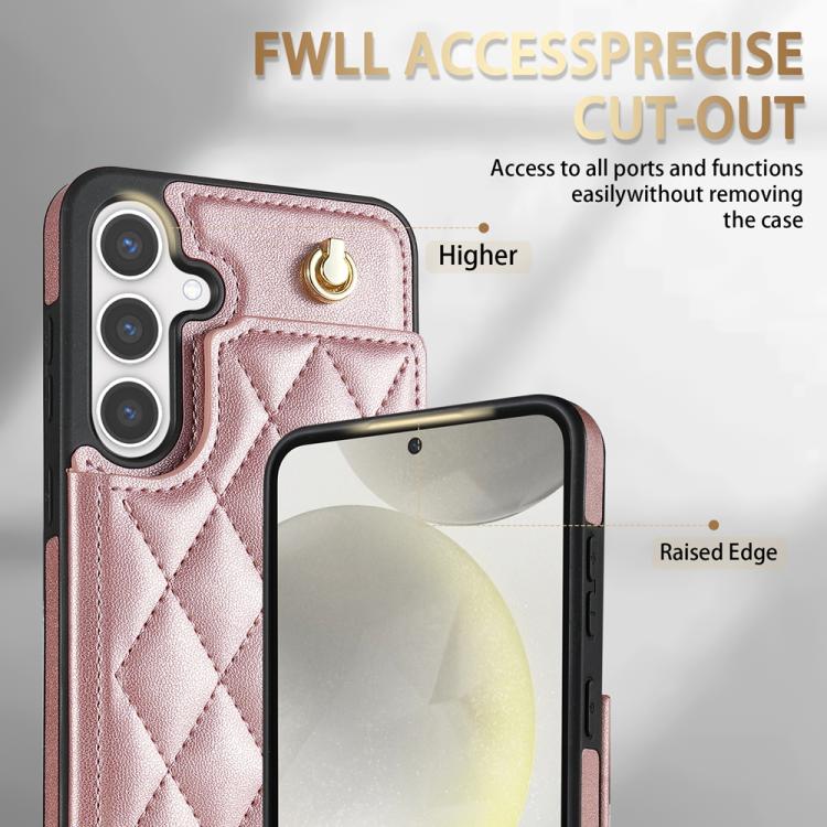 For Samsung Galaxy S25+ 5G Rhombic Dual Buckle Card Slots Phone Case with Lanyard(Rose Gold)