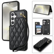 For Samsung Galaxy S25 5G Rhombic Dual Buckle Card Slots Phone Case with Lanyard(Black)
