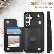 For Samsung Galaxy S25 5G Rhombic Dual Buckle Card Slots Phone Case with Lanyard(Black)