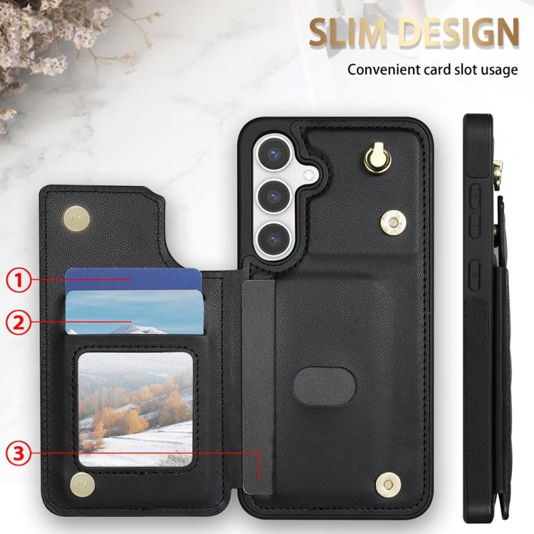 For Samsung Galaxy S25 5G Rhombic Dual Buckle Card Slots Phone Case with Lanyard(Black)