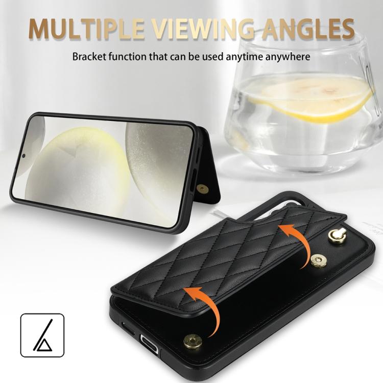 For Samsung Galaxy S25 5G Rhombic Dual Buckle Card Slots Phone Case with Lanyard(Black)