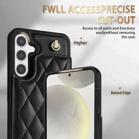 For Samsung Galaxy S25 5G Rhombic Dual Buckle Card Slots Phone Case with Lanyard(Black)
