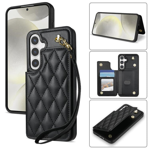 For Samsung Galaxy S25 5G Rhombic Dual Buckle Card Slots Phone Case with Lanyard(Black)
