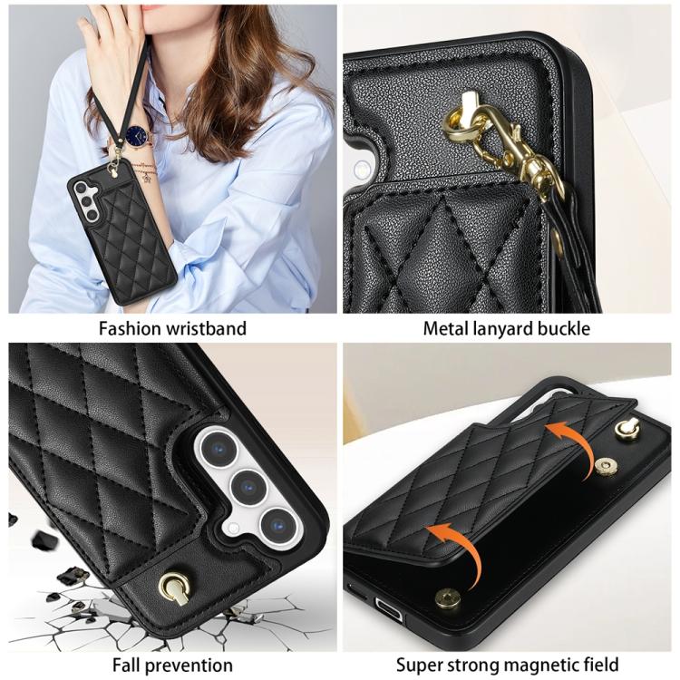 For Samsung Galaxy S25 5G Rhombic Dual Buckle Card Slots Phone Case with Lanyard(Black)