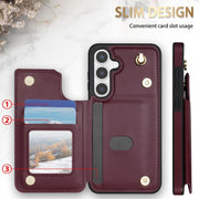 For Samsung Galaxy S25 5G Rhombic Dual Buckle Card Slots Phone Case with Lanyard(Wine Red)