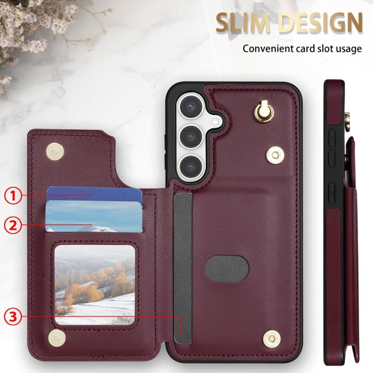 For Samsung Galaxy S25 5G Rhombic Dual Buckle Card Slots Phone Case with Lanyard(Wine Red)