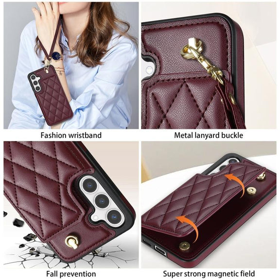 For Samsung Galaxy S25 5G Rhombic Dual Buckle Card Slots Phone Case with Lanyard(Wine Red)