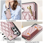 For Samsung Galaxy S25 5G Rhombic Dual Buckle Card Slots Phone Case with Lanyard(Rose Gold)