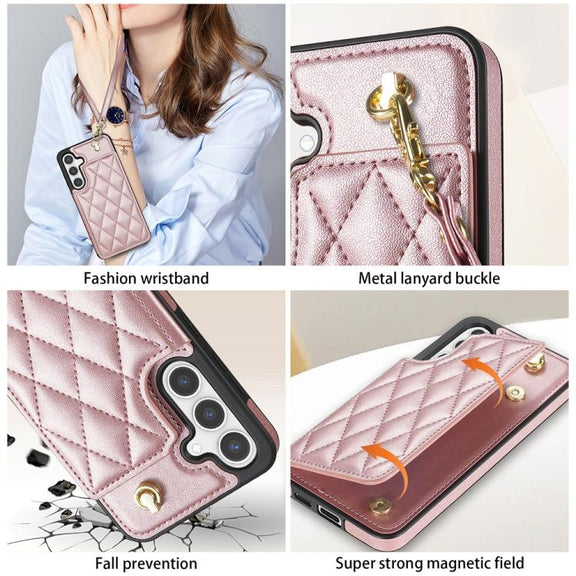 For Samsung Galaxy S25 5G Rhombic Dual Buckle Card Slots Phone Case with Lanyard(Rose Gold)