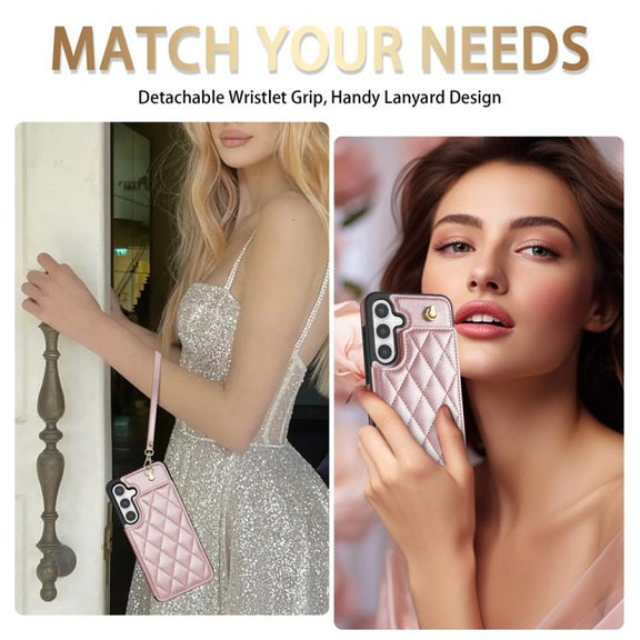 For Samsung Galaxy S25 5G Rhombic Dual Buckle Card Slots Phone Case with Lanyard(Rose Gold)