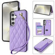 For Samsung Galaxy S25 5G Rhombic Dual Buckle Card Slots Phone Case with Lanyard(Purple)