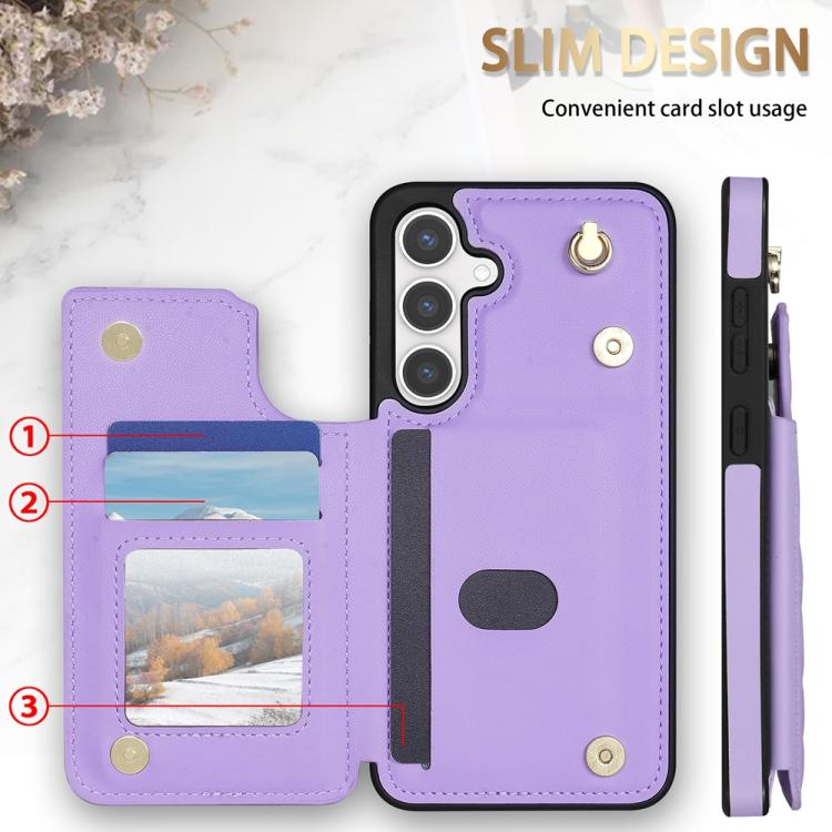 For Samsung Galaxy S25 5G Rhombic Dual Buckle Card Slots Phone Case with Lanyard(Purple)