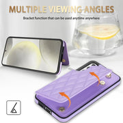 For Samsung Galaxy S25 5G Rhombic Dual Buckle Card Slots Phone Case with Lanyard(Purple)